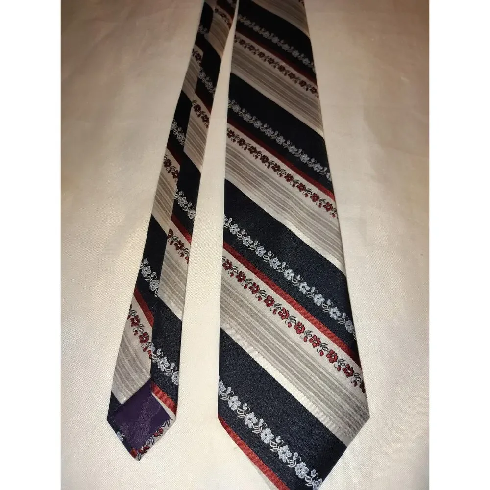 Vintage 1970s Polyester Ric Karon Floral Stripe Necktie Burgundy Black Gray